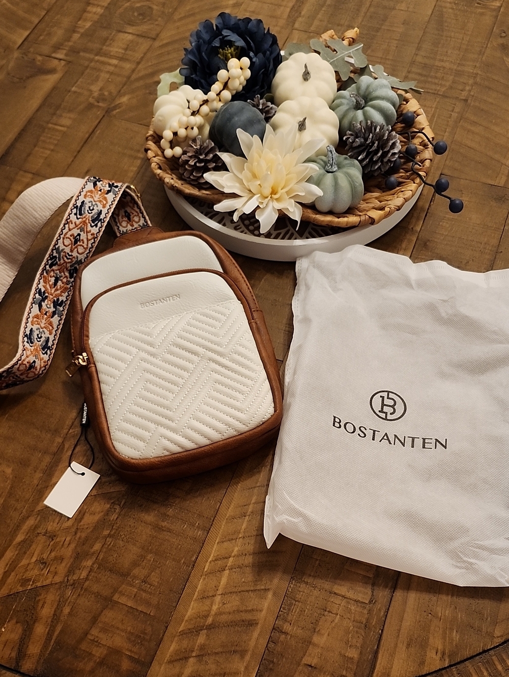 Bostanten White and Brown Quilted Crossbody Bag with Patterned Strap